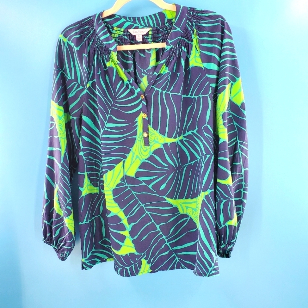 Lilly Pulitzer tropical leaf print silk blouse S